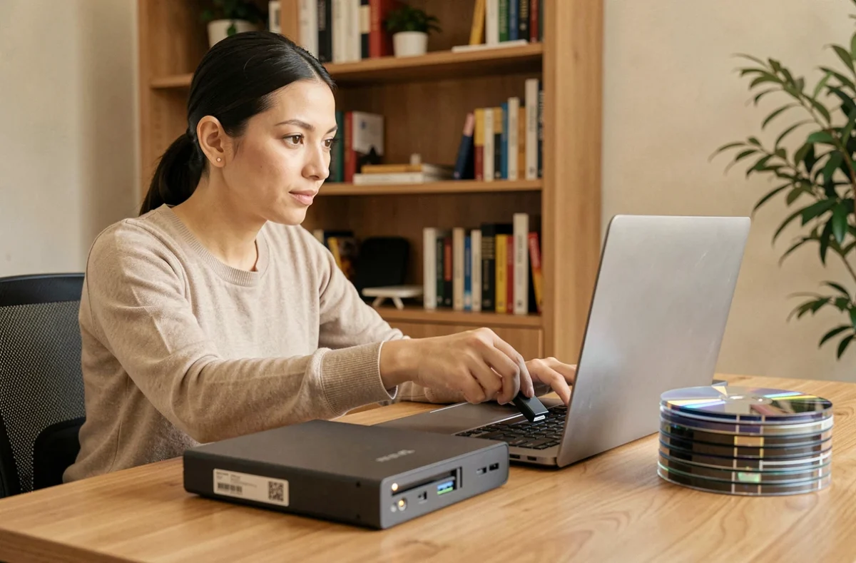 Femme utilisant différents types de stockage externe : SSD portable, disque dur et DVD dans un bureau à domicile