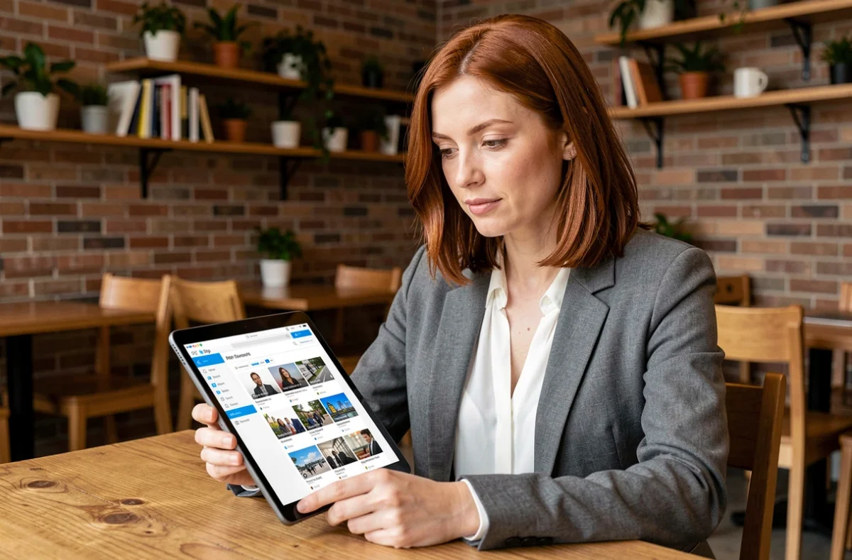 Femme professionnelle consultant des flux RSS sur SharePoint via une tablette dans un espace de coworking moderne