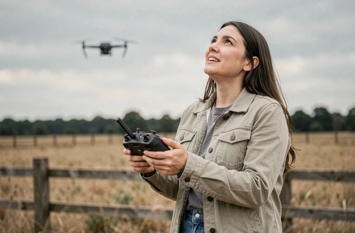 Femme utilisant une télécommande de drone en plein air dans un champ, représentant le budget nécessaire pour piloter un drone