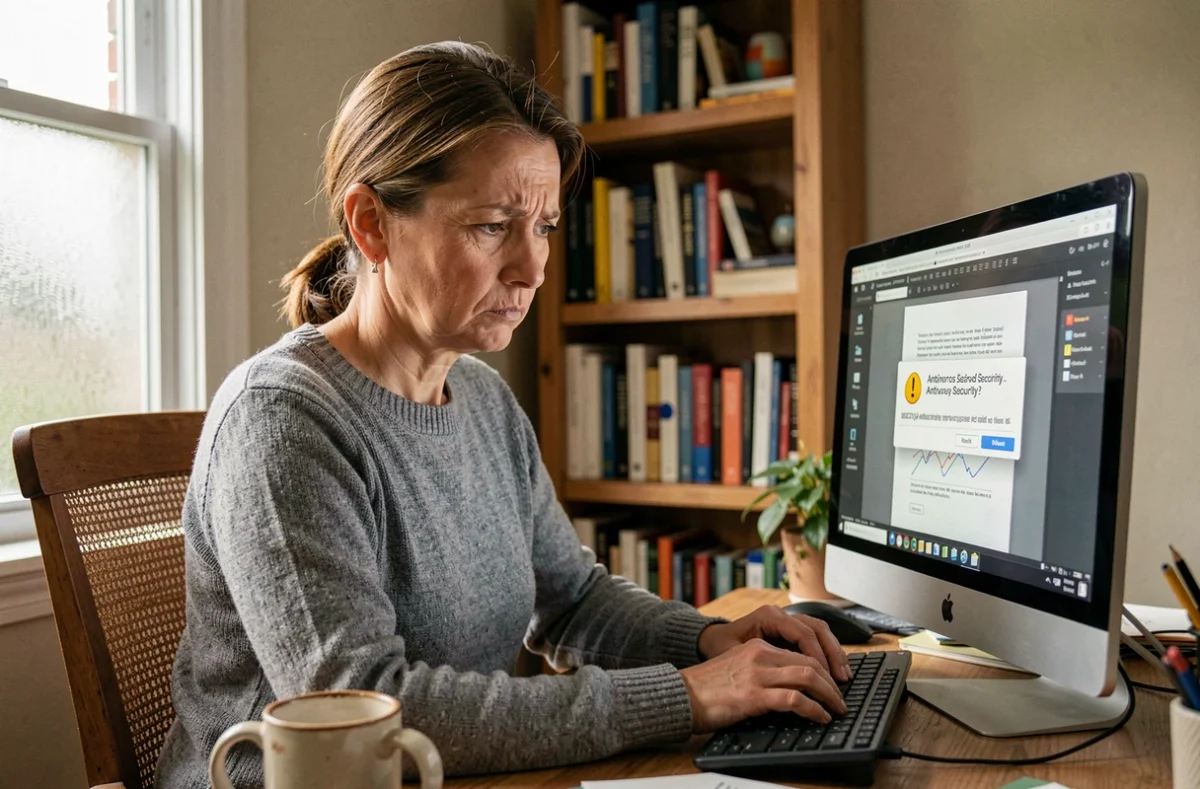 Femme travaillant depuis chez elle face à une alerte de sécurité après avoir ouvert un fichier PDF