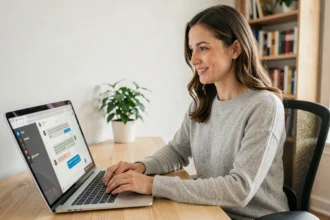 Femme en télétravail utilisant un chatbot sur son ordinateur portable dans un bureau à domicile moderne