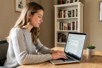 Femme utilisant Microsoft Word pour faire une transcription sur un ordinateur portable dans un bureau à domicile