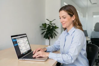 Femme souriante utilisant un logiciel CRM simple sur un ordinateur portable dans un bureau moderne