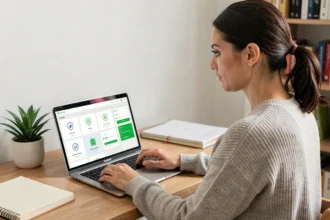 Femme vérifiant le statut de son antivirus sur un ordinateur portable à son bureau à domicile