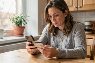 Femme vérifiant une transaction en ligne sur son smartphone avec sa carte bancaire à la main dans une cuisine