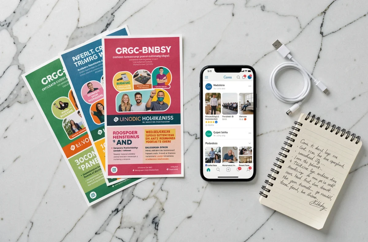 Flat lay de flyers imprimés depuis Canva posés sur du marbre blanc avec un smartphone affichant l'application