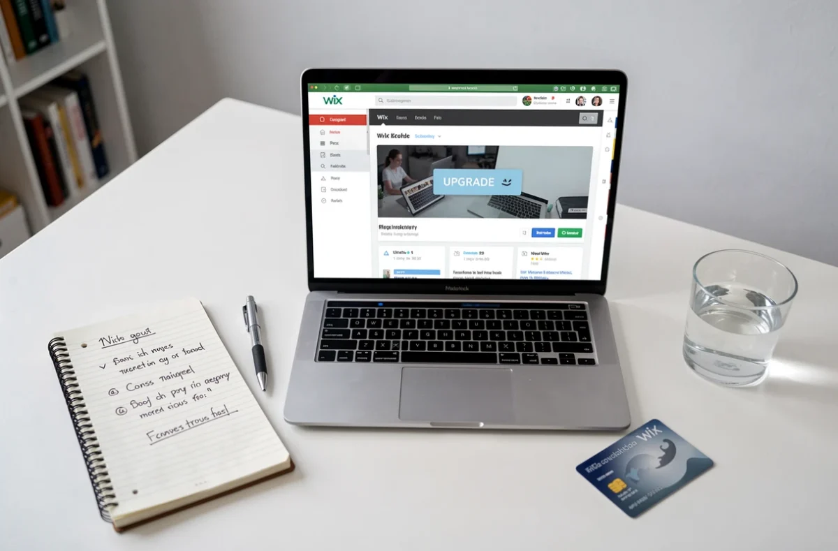 Vue de dessus d'un bureau avec ordinateur ouvert sur Wix, carnet de notes et carte bancaire illustrant la question de la gratuité