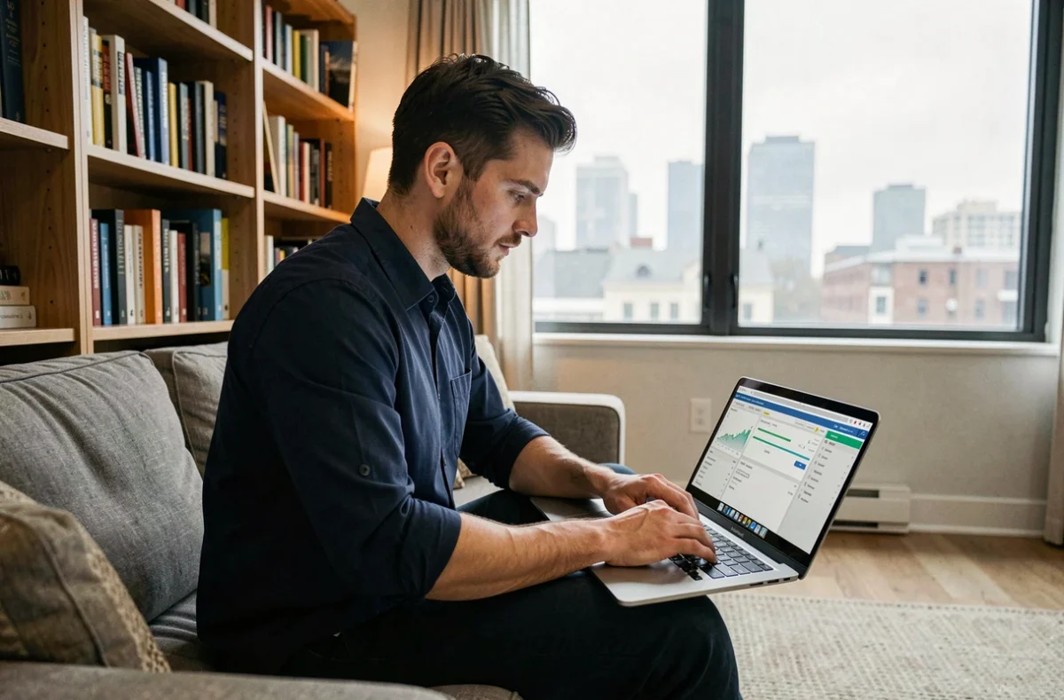 Freelance SEO travaillant sur un audit de référencement depuis son bureau à domicile avec des outils d'analyse visibles