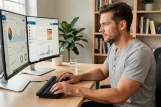 Freelance SEO consultant travaillant sur des tableaux de bord d'analyse de mots-clés depuis son bureau à domicile