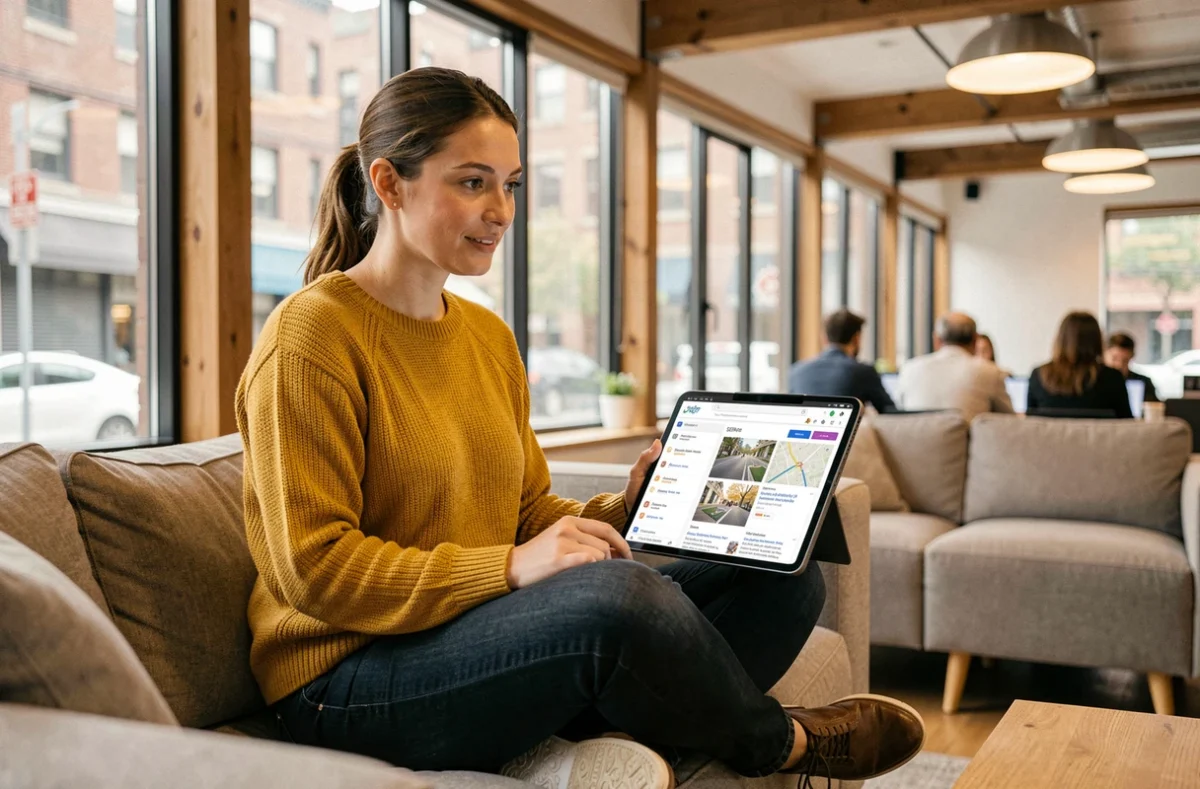 Freelance analyste SEO consultant des résultats de recherche locale sur une tablette dans un espace de coworking