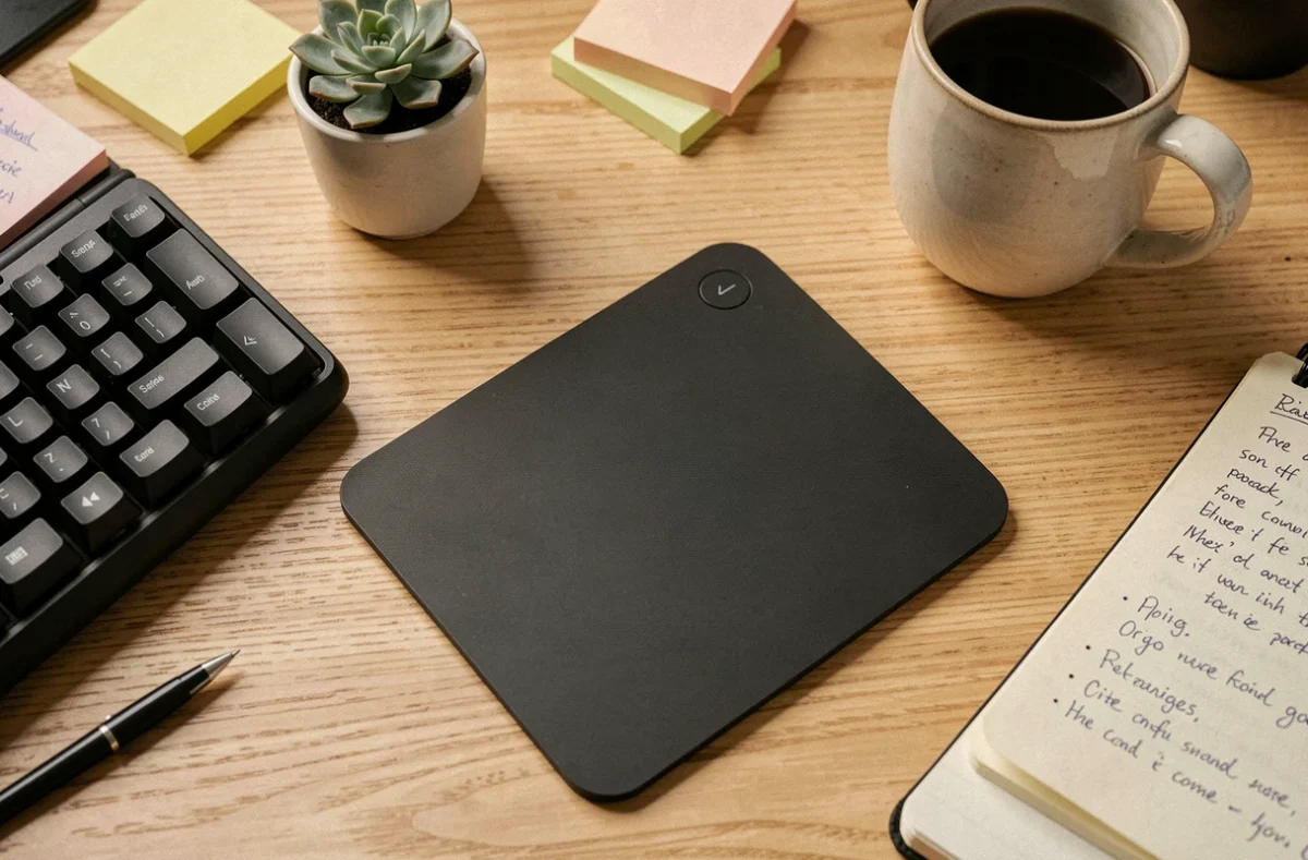 Gros plan d'un pad tactile sans fil posé sur un bureau en bois avec accessoires de travail