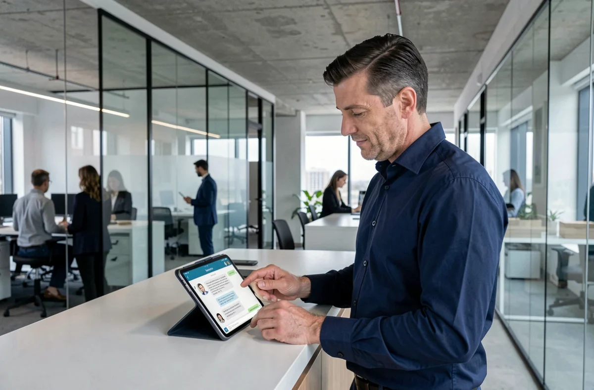 Homme d'affaires consultant un chatbot sur tablette dans un open space de bureau moderne