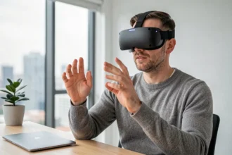Homme portant le casque Apple Vision Pro dans un bureau moderne, interagissant avec une interface holographique invisible