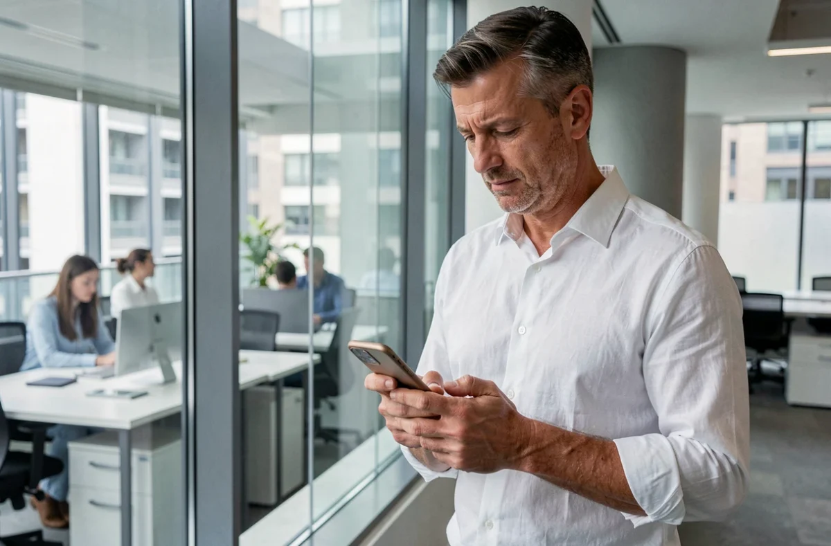 Homme d'affaires consultant une application de communication sécurisée sur son smartphone dans un bureau moderne