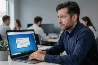 Homme au bureau regardant avec méfiance une pièce jointe PDF suspecte sur son ordinateur portable