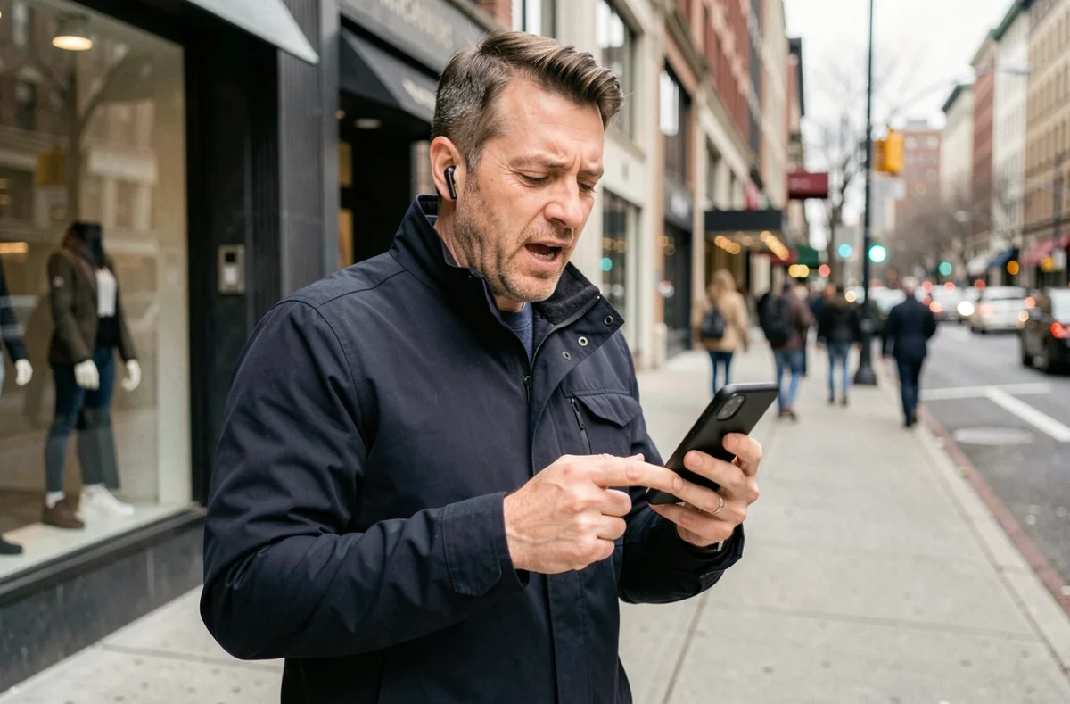 Homme en ville utilisant une commande vocale sur son téléphone avec des écouteurs sans fil