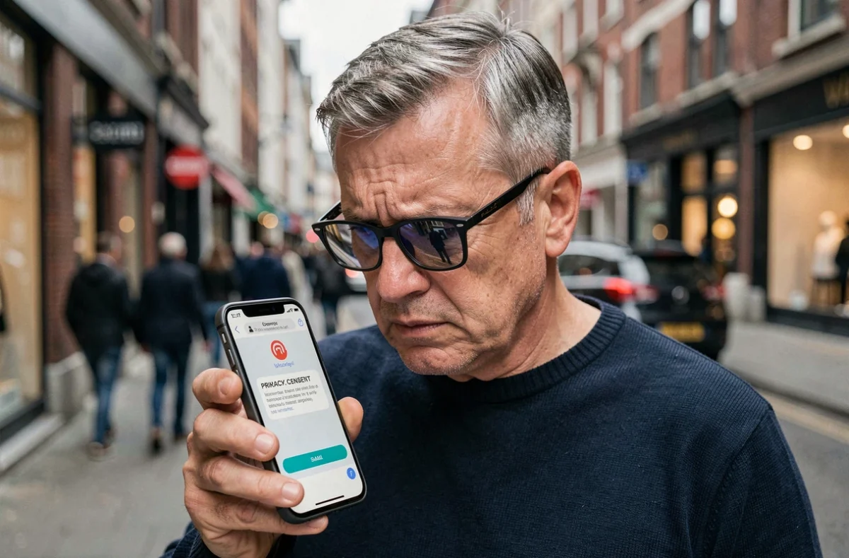 Homme lisant une notification de consentement aux données personnelles sur son smartphone en ville