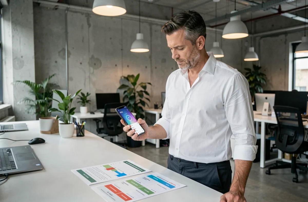 Homme en espace de coworking comparant les offres gratuites et payantes de Wix sur smartphone et papier
