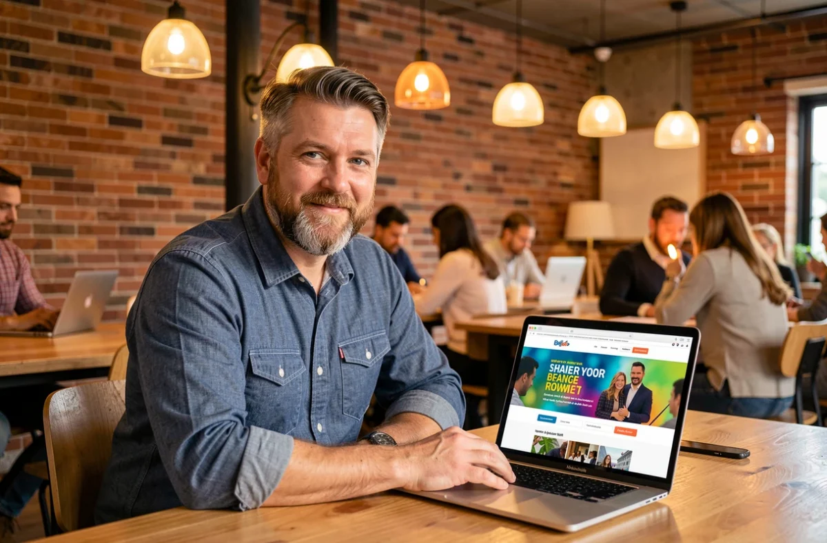 Homme en espace de coworking consultant un site web bien conçu sur son ordinateur portable