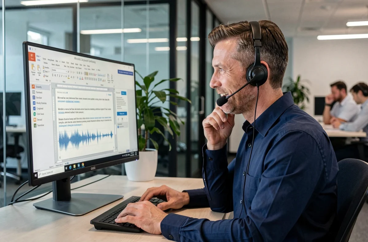 Homme utilisant un casque micro et Microsoft Word pour transcrire de l'audio dans un bureau moderne en open space