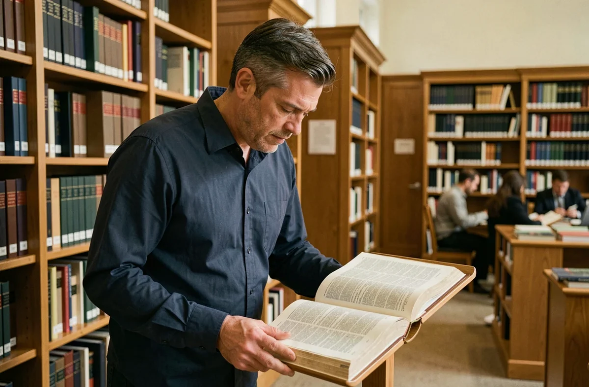 Homme consultant un dictionnaire dans une bibliothèque pour comprendre la signification d'une expression