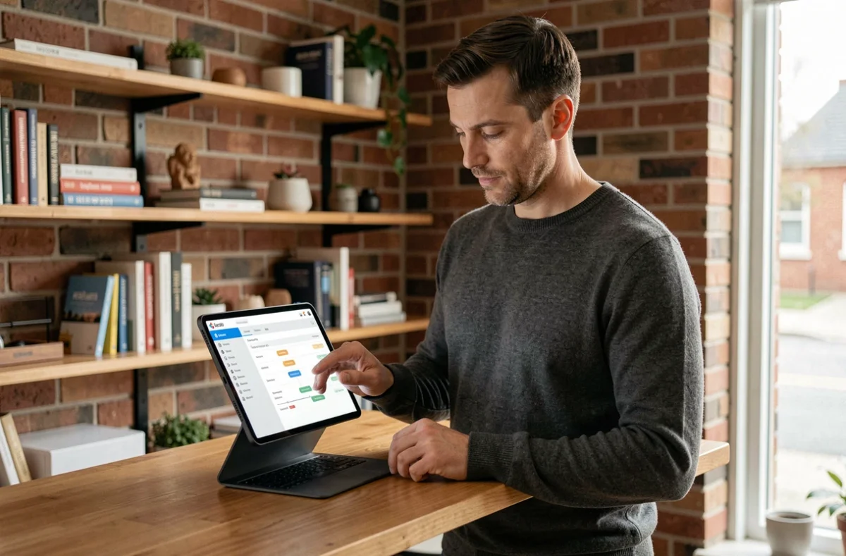 Homme en home office consultant une interface CRM intuitive sur une tablette numérique