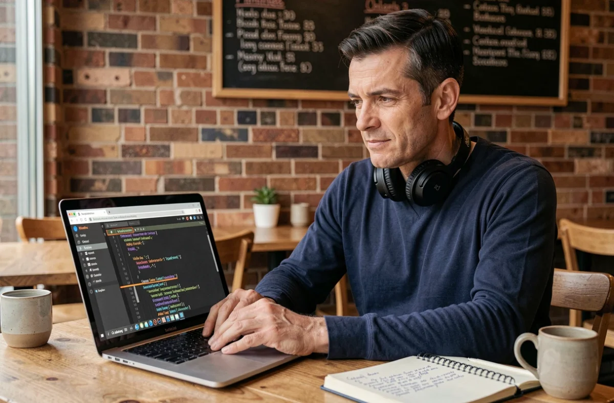 Homme utilisant un lecteur d'écran pour tester l'accessibilité web selon les normes WCAG dans un café