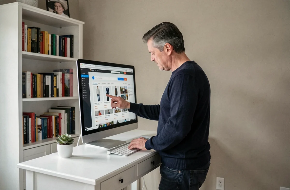 Homme naviguant sur une application web e-commerce depuis son bureau à domicile