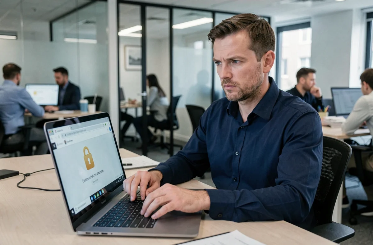 Homme en entreprise vérifiant la sécurité d'un site de paiement en ligne sur son ordinateur portable