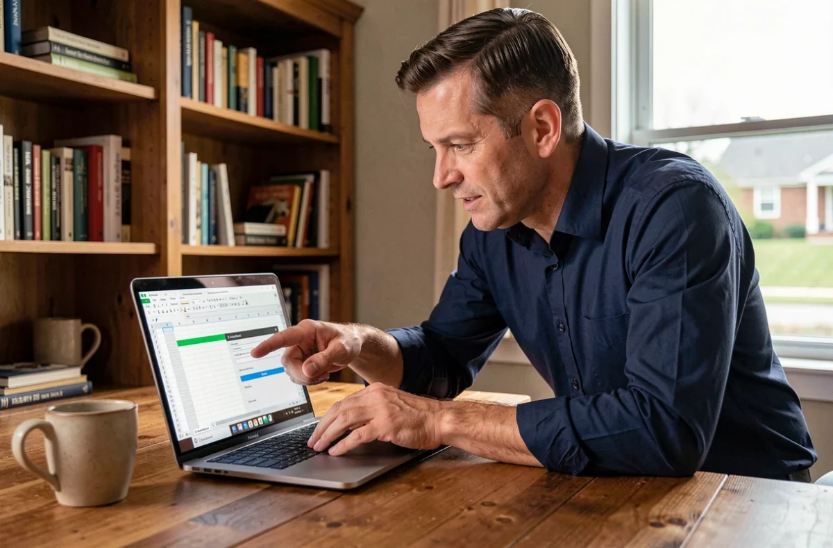 Homme en télétravail configurant une automatisation sur Excel depuis un bureau à domicile chaleureux