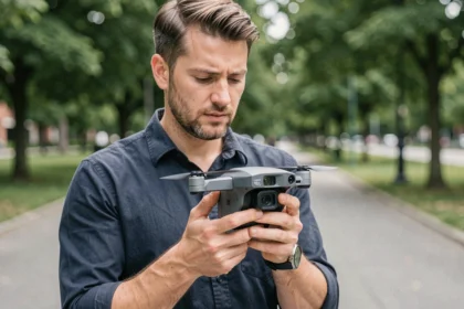 Homme tenant un drone compact entre ses mains dans un parc urbain, illustrant le coût d'achat d'un drone grand public