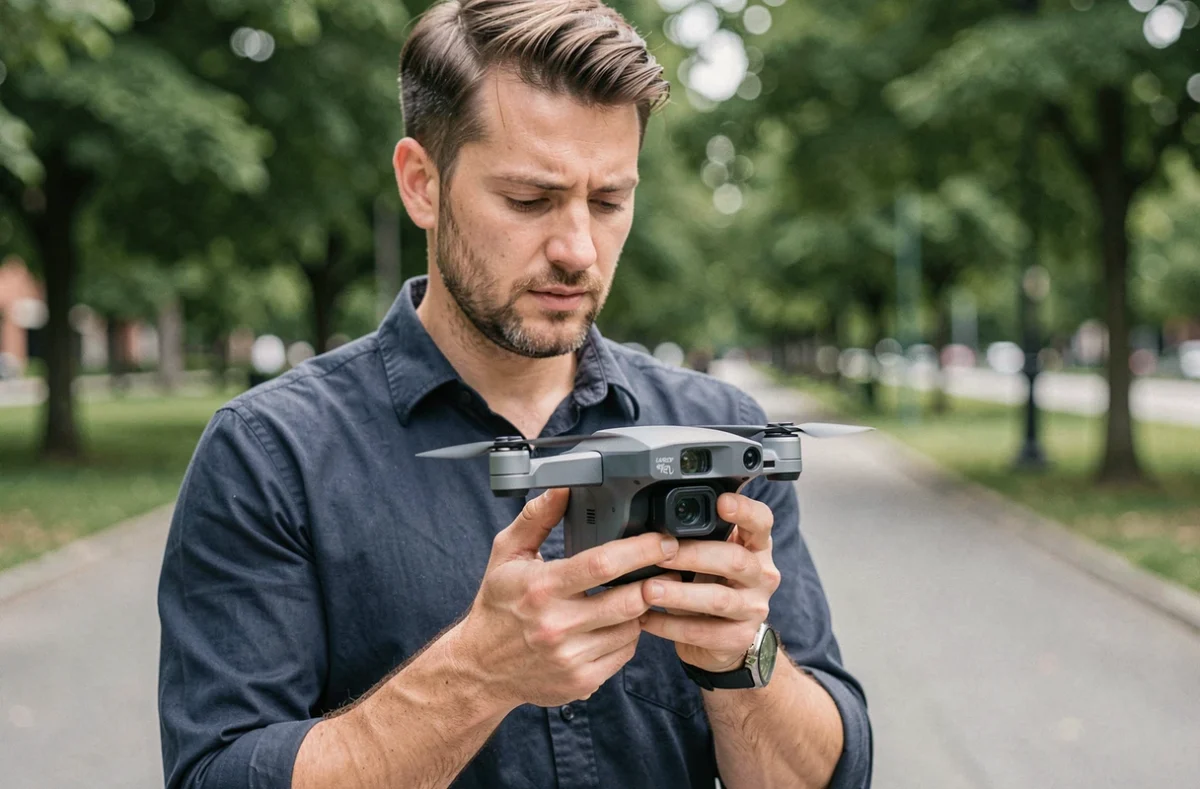 Homme tenant un drone compact entre ses mains dans un parc urbain, illustrant le coût d'achat d'un drone grand public