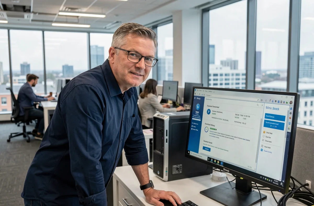 Homme vérifiant la protection antivirus d'un ordinateur de bureau dans un bureau professionnel moderne