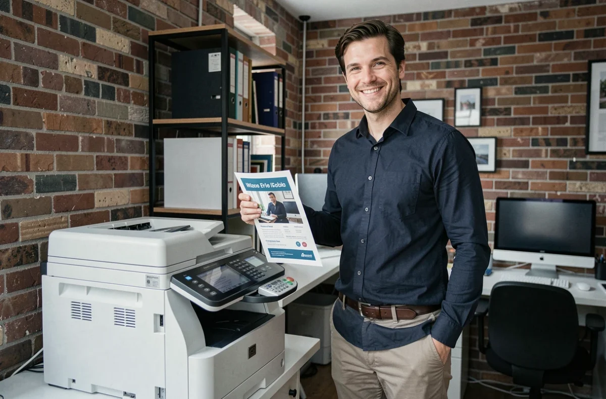 Homme tenant un flyer imprimé depuis Canva à côté d'une imprimante dans un espace de coworking