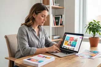 Femme créant un flyer sur Canva depuis son bureau à domicile avec des impressions papier posées à côté