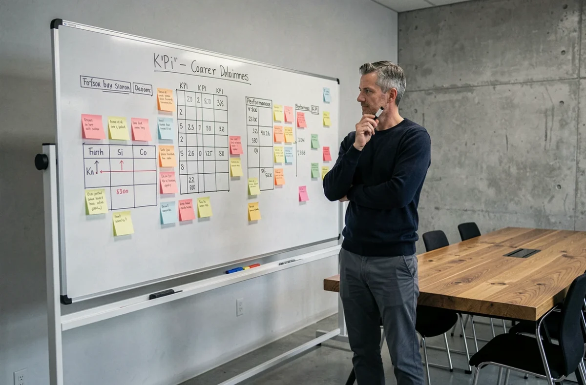 Manager debout devant un tableau blanc avec des indicateurs de performance clés dessinés à la main