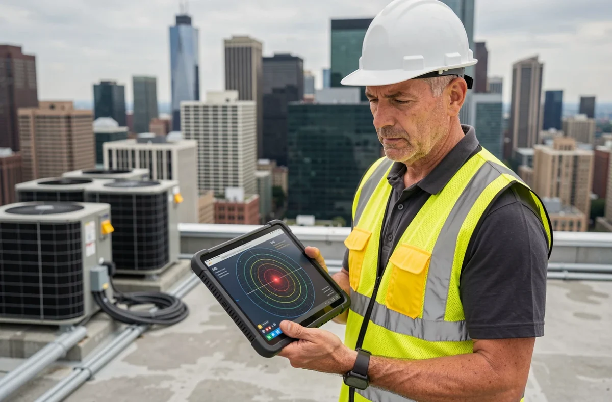 Ingénieur en télécommunications analysant la carte de couverture d'un réseau 5G sur une tablette en toiture urbaine