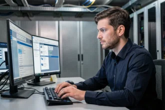 Ingénieur informatique configurant un logiciel de virtualisation sur plusieurs écrans dans une salle serveur moderne