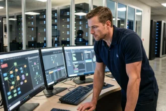 Ingénieur réseau supervisant des tableaux de bord de virtualisation NFV dans une salle d'opérations de centre de données moderne