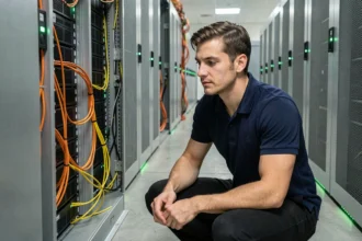 Ingénieur informatique examinant des disques durs dans une salle de serveurs professionnelle pour optimiser le stockage de données