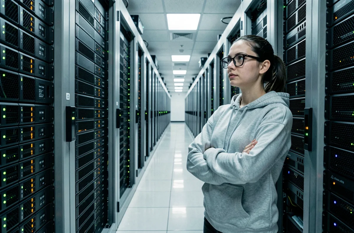 Ingénieure informatique dans un couloir de centre de données symbolisant les risques d'infrastructure cloud