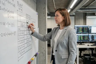 Ingénieure pointant une matrice mathématique sur un tableau blanc dans un bureau moderne