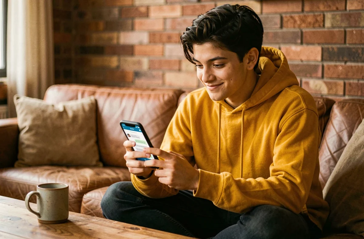 Jeune adulte utilisant un chatbot sur smartphone depuis un canapé dans un salon chaleureux