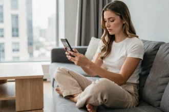 Jeune femme consultant l'application TikTok sur son smartphone, illustrant l'algorithme de recommandation de la plateforme