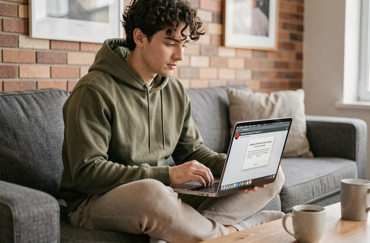 Jeune homme consultant la notification de protection antivirus sur son ordinateur portable dans un salon