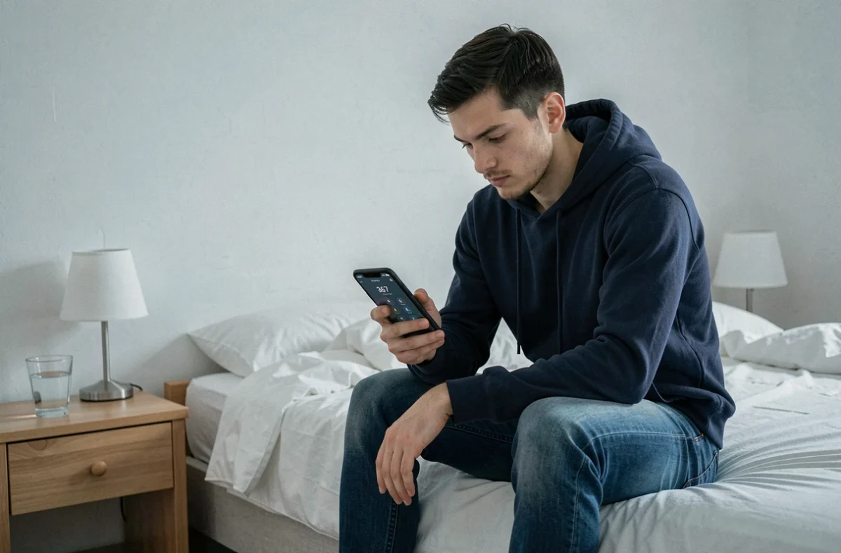 Un jeune homme consulte le numéro 3677 sur son smartphone dans l'intimité de sa chambre