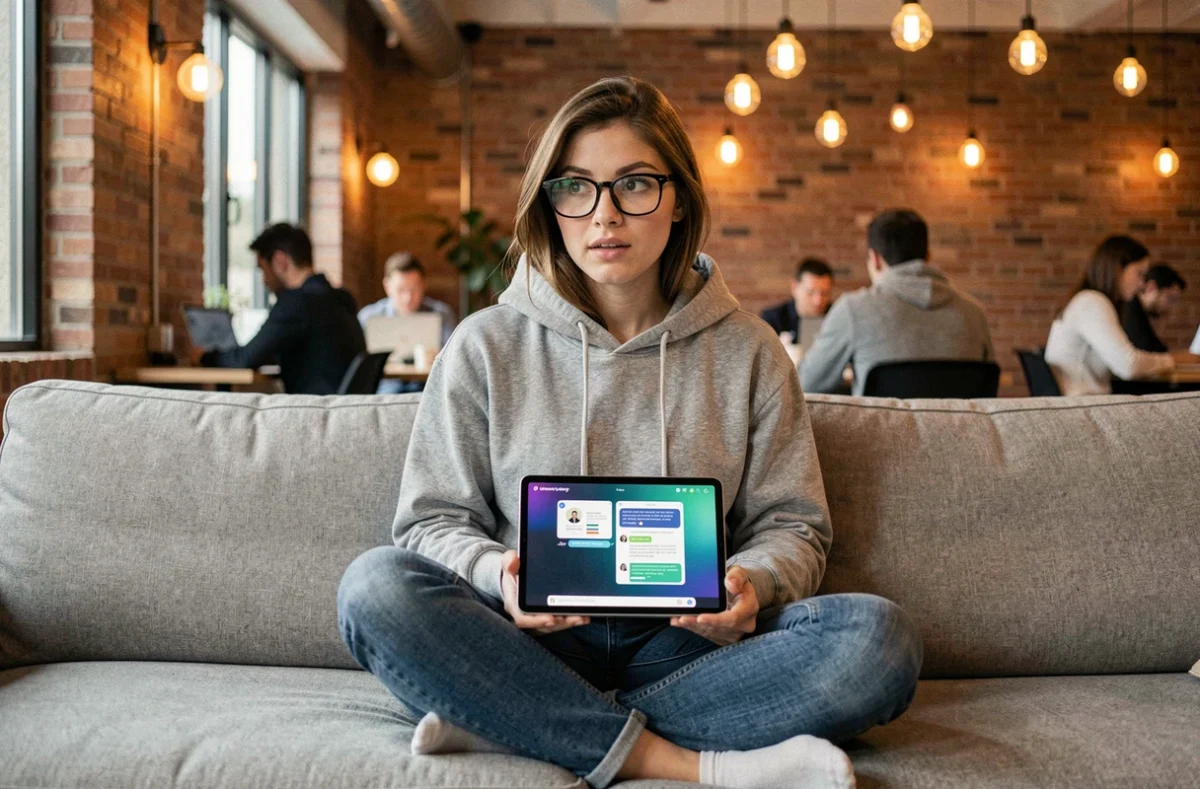 Une jeune professionnelle explorant une interface d'IA conversationnelle pour une campagne marketing dans un espace de co-working créatif