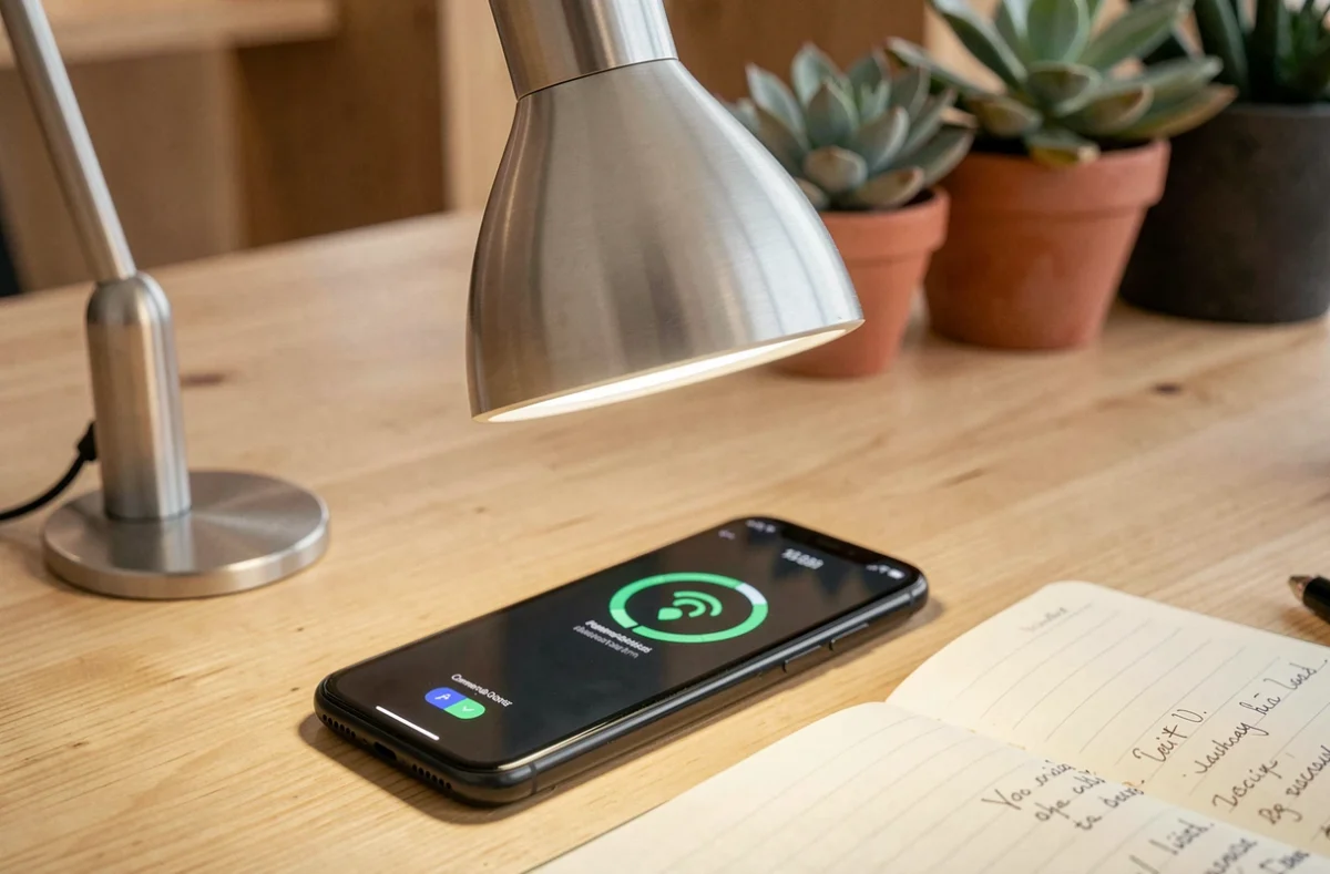 Lampe de bureau LiFi transmettant des données à un smartphone posé dessous dans un espace de coworking minimaliste