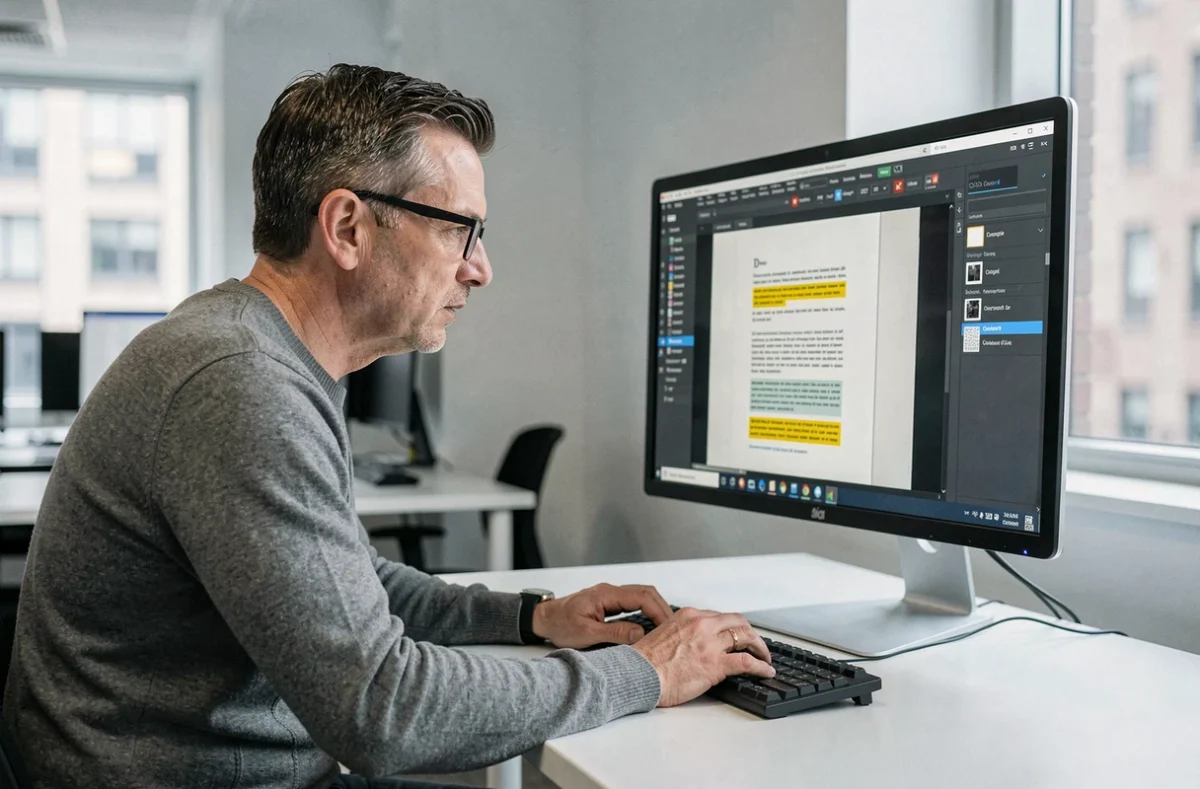 Homme utilisant un logiciel OCR sur ordinateur pour convertir un PDF scanné en texte modifiable