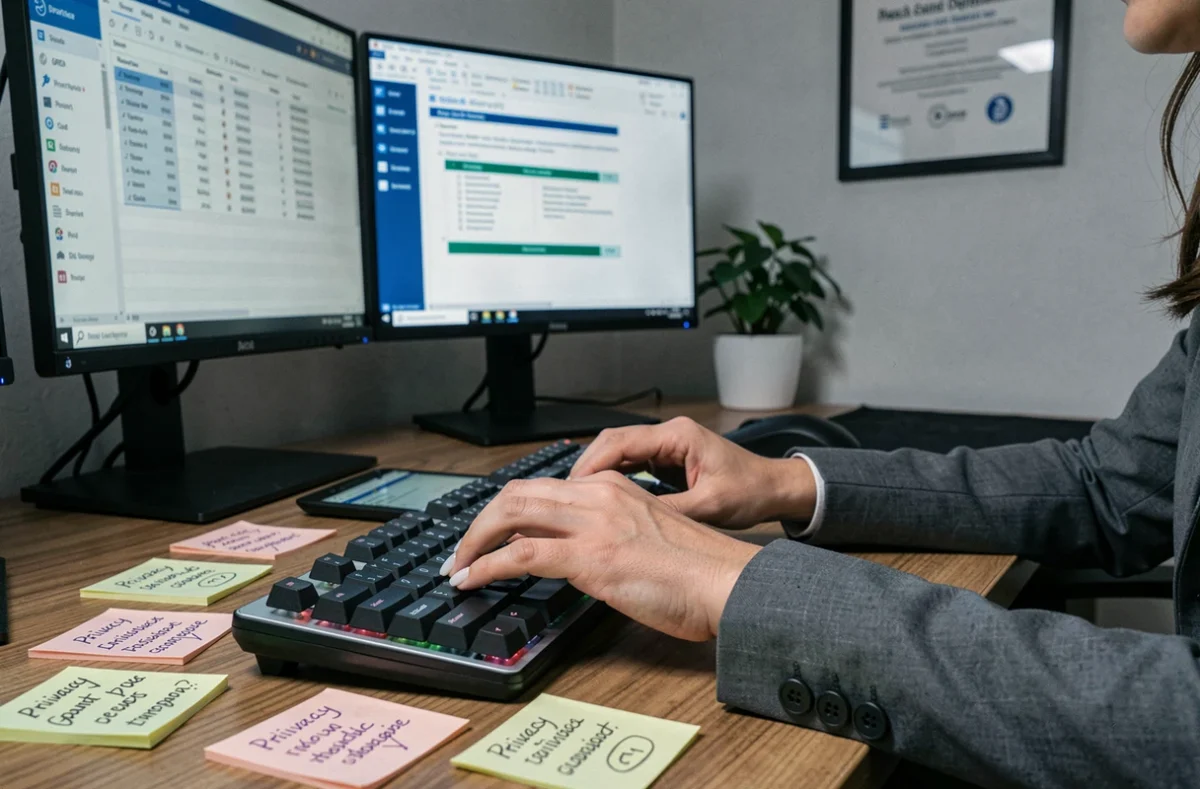 Mains féminines tapant sur un clavier entouré de notes sur la conformité RGPD et la protection des données